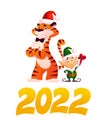 Merry Christmas 2022 illustration with tiger in Santa hat and little elf with gift isolated Royalty Free Stock Photo